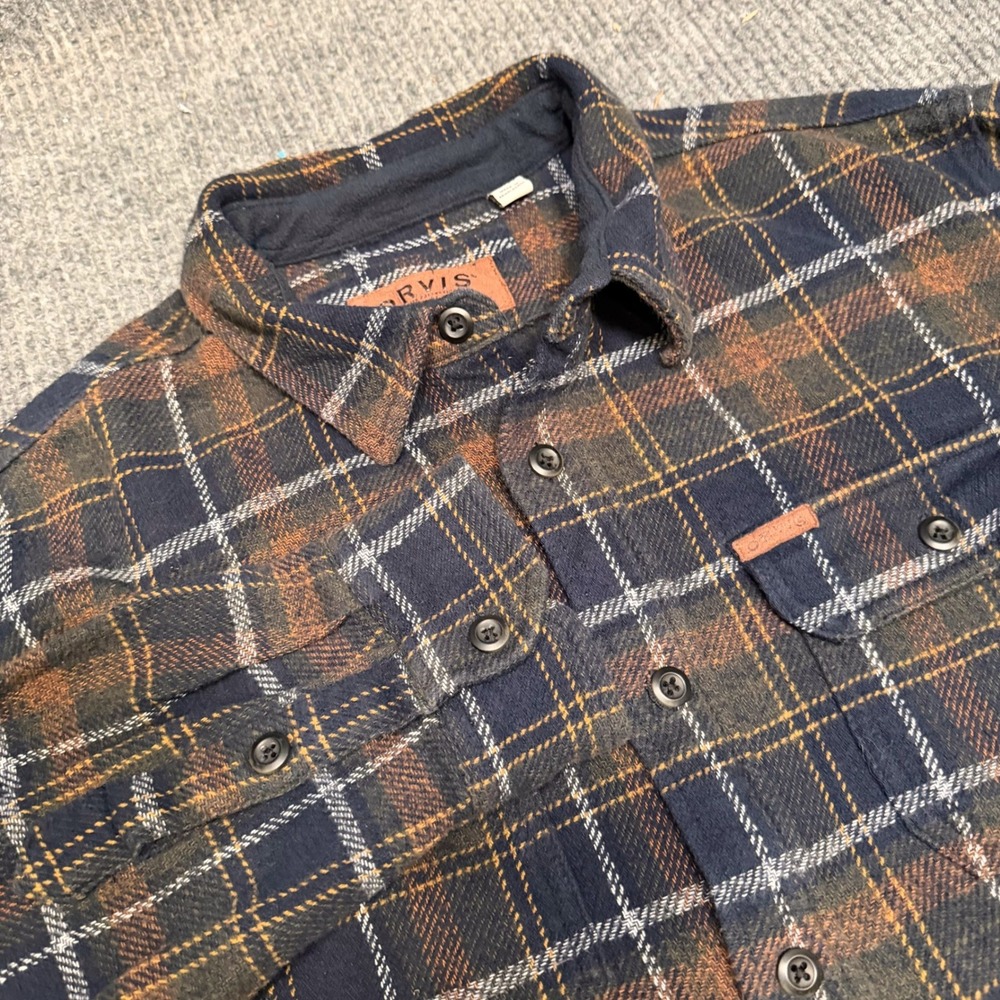 Orvis Flannel Shirt Jacket Mens XL Blue Plaid Cotton Lined Pockets Shacket Gorp